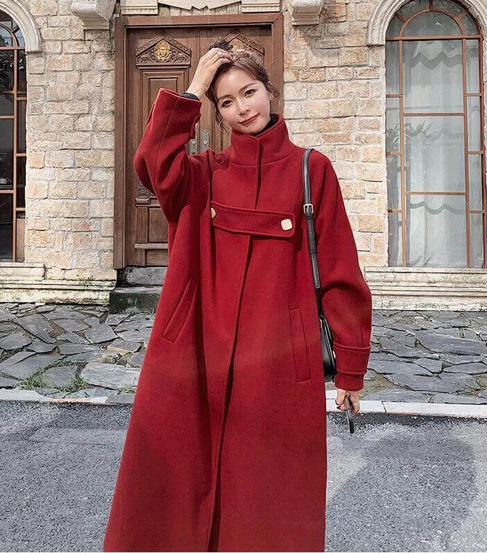 Vintage Red Wool Blend Princess Coat With Stand Collar