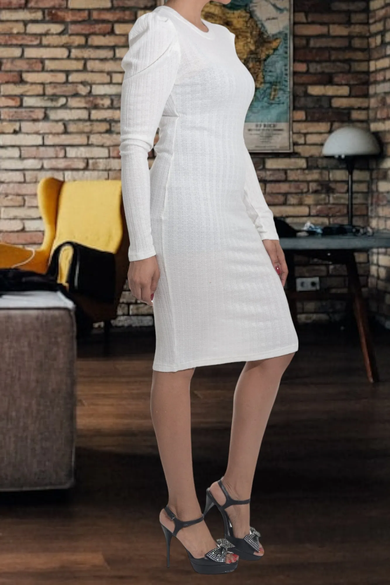 White Puffed Sleeve Cable Knit Dress