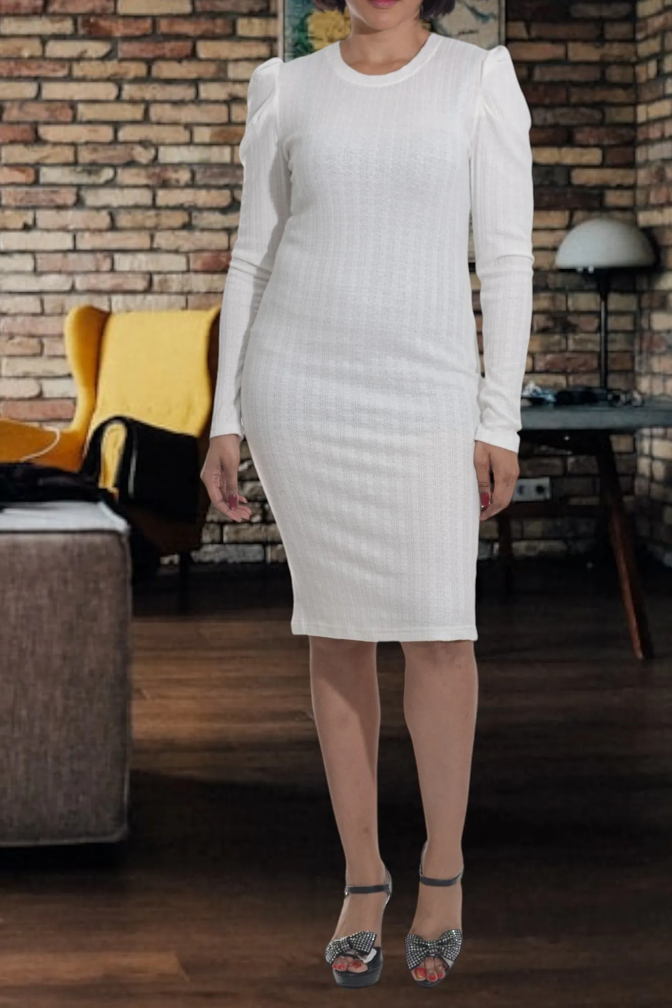 White Puffed Sleeve Cable Knit Dress