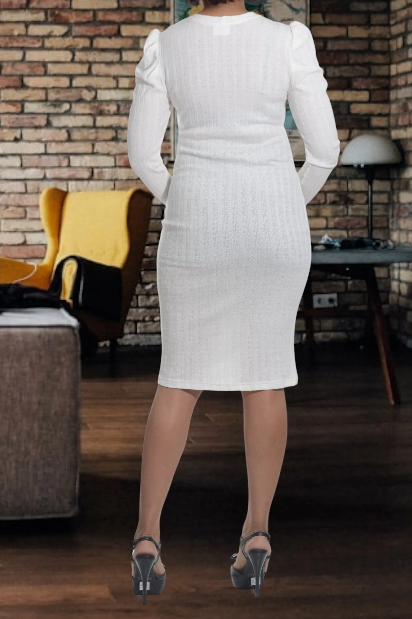 White Puffed Sleeve Cable Knit Dress