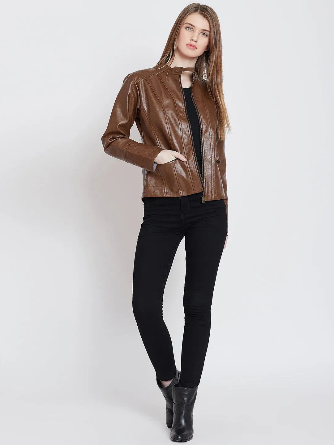 Women Casual Tan Leather Jacket