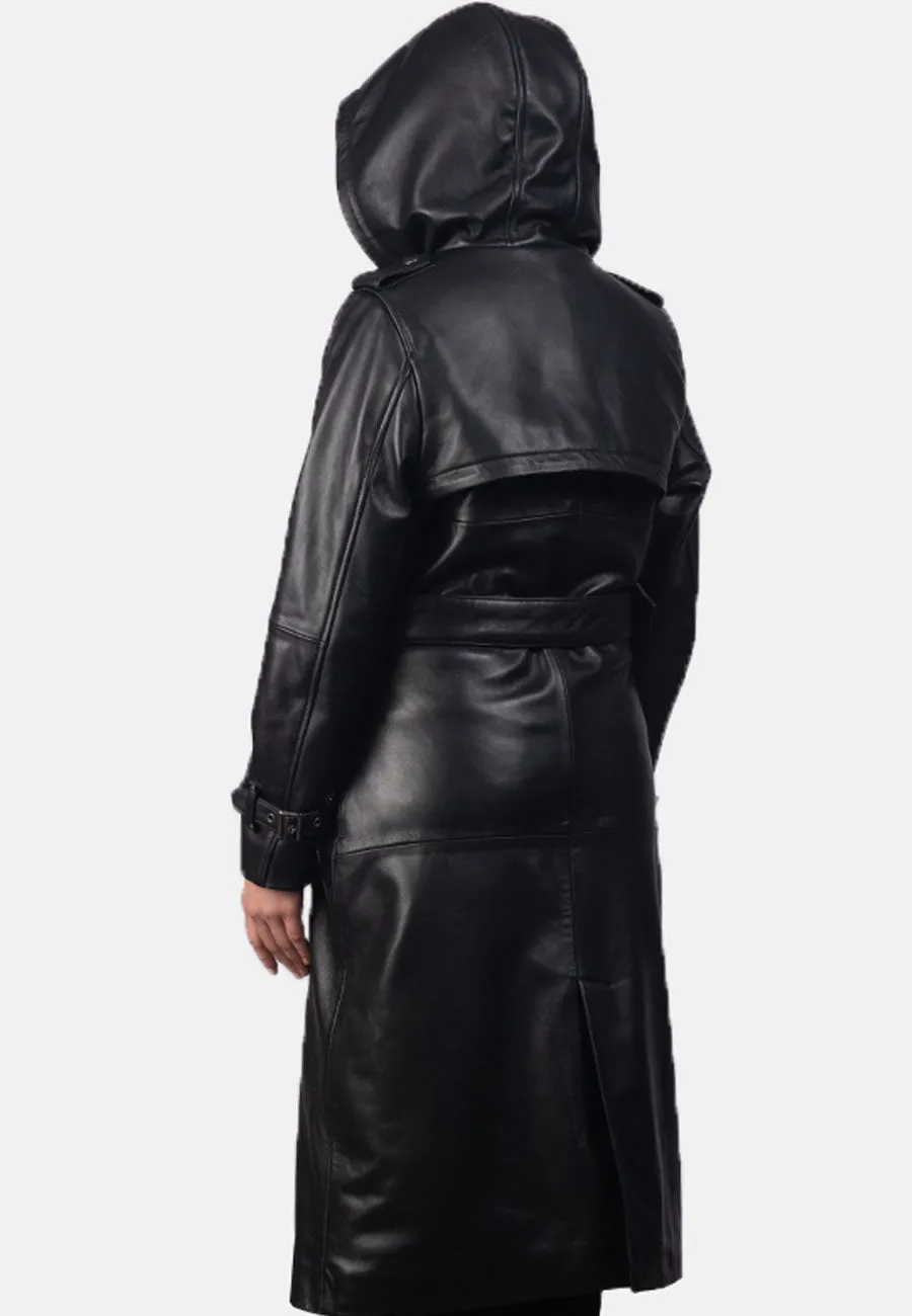 Women's Black Leather Hooded Trench Coat