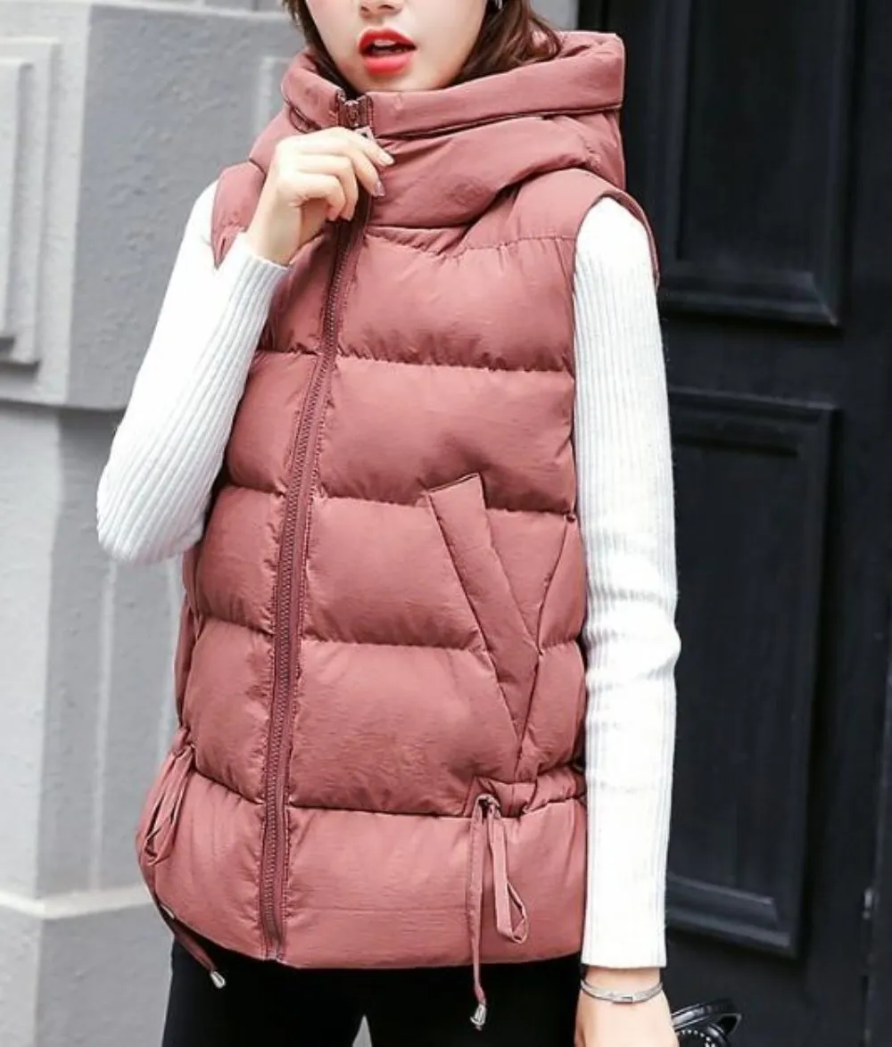 Womens Short Zipped Up Puffer Hooded Vest in Pink