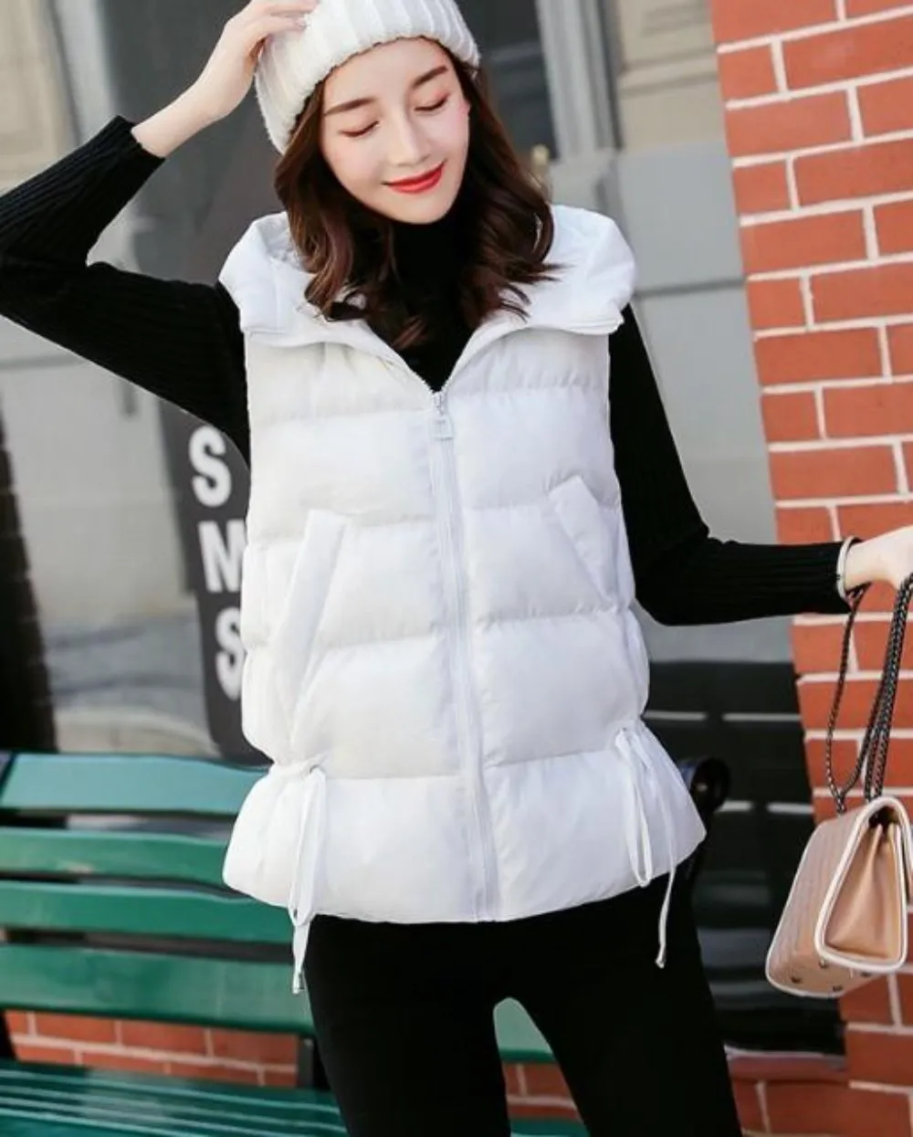 Womens Short Zipped Up Puffer Hooded Vest in Pink