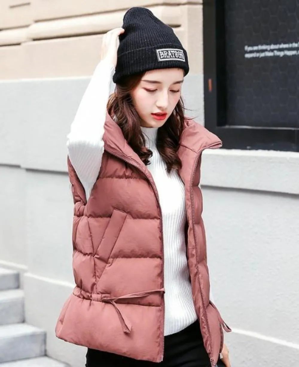 Womens Short Zipped Up Puffer Hooded Vest in Pink