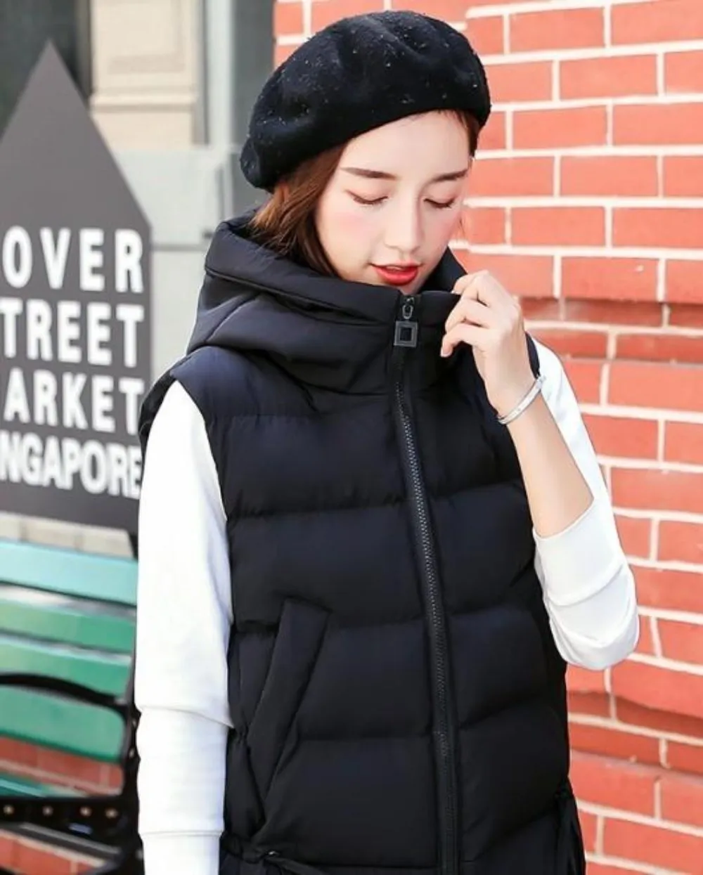 Womens Short Zipped Up Puffer Hooded Vest in White