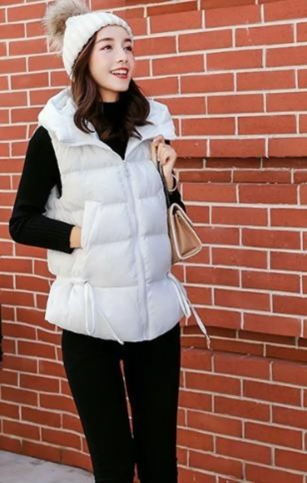 Womens Short Zipped Up Puffer Hooded Vest in White