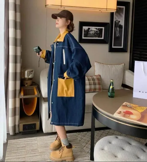 Women's Spring Coat Blue Patchwork Denim Windbreaker